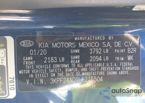 2020 Kia Forte Lxs from USA, damaged, VIN 3KPF24AD9LE216504